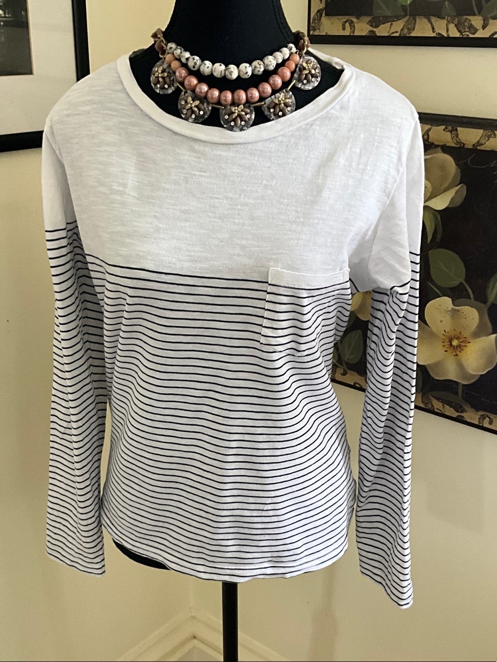 Simons White Long Sleeve Striped Pocket Tee